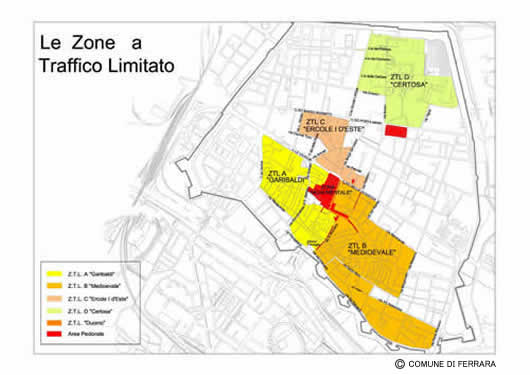Ferrara市の交通規制ゾーン(Le Zone a Traffico Limitato; Z.T.L.)