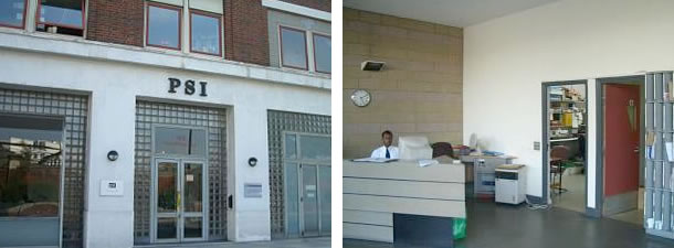 左：政策研究所の玄関　右：政策研究所の受付