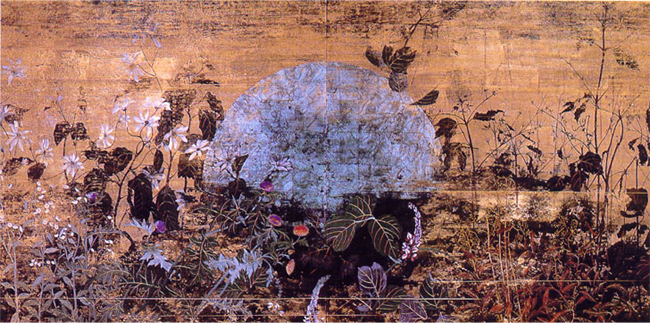 雲肌麻紙、岩絵具、膠、箔を使って描いた作品（227×115cm）