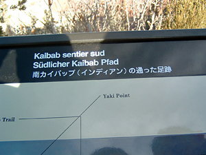 グランドキャニオン国立公園の解説標識。項目のみが3ヶ国語表記されているが、解説文そのものは英語のみ。