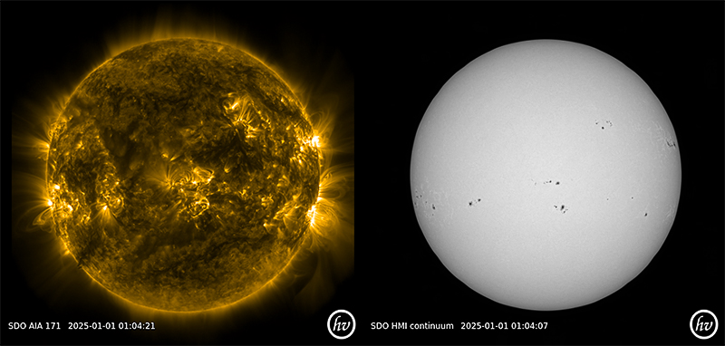 図1 NASAの太陽観測衛星SDO(Solar Dynamics Observatory)による太陽の画像。左は極紫外線で捉えた磁力線のループ、右は黒点の様子。